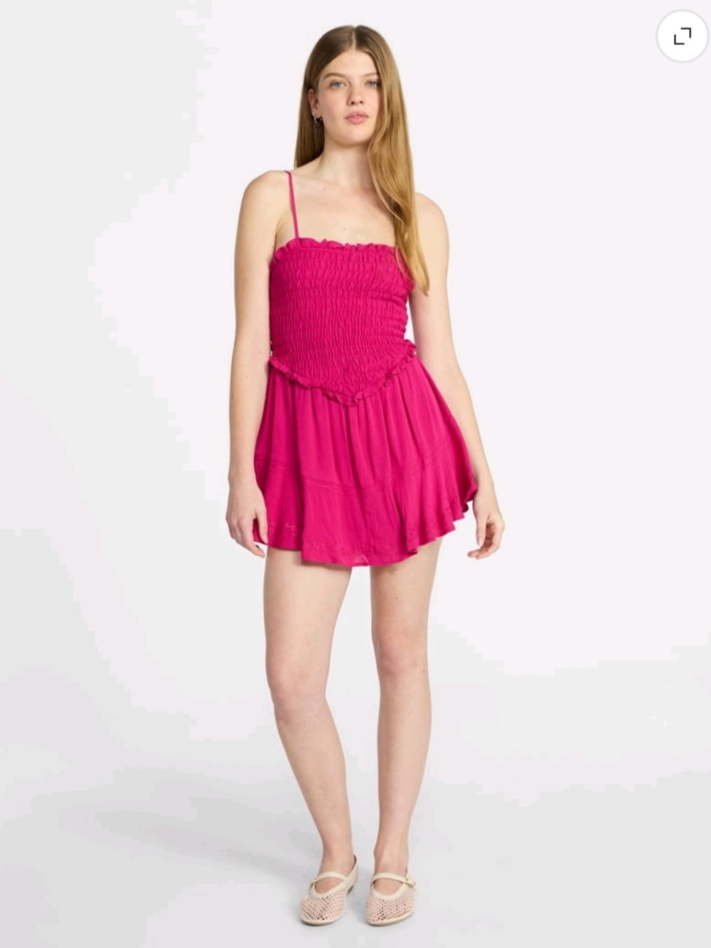Smocked Spaghetti Strap Mini Romper in Hot Pink
